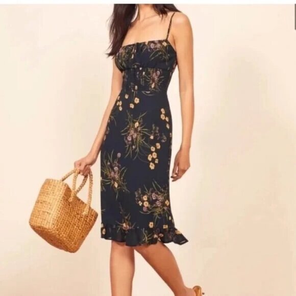 Reformation Genie Mademoiselle Blue Floral Smocked Ruffle Hem Dress Size 8 - Picture 1 of 10